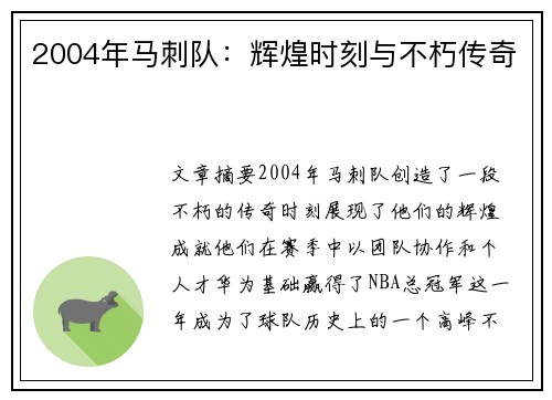 2004年马刺队：辉煌时刻与不朽传奇